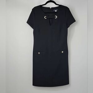 Tommy Hilfiger Little Black Dress wGold Circle Accents & Faux Pockets Minimalist